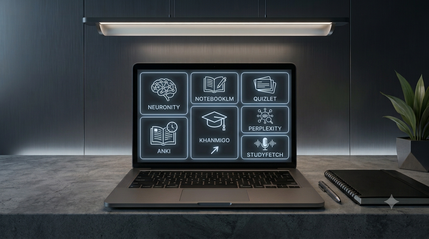 A laptop on a desk showing the seven AI study tools covered in this guide — Neuronity, NotebookLM, Quizlet, Anki, Khanmigo, Perplexity, and StudyFetch — each as a labelled icon