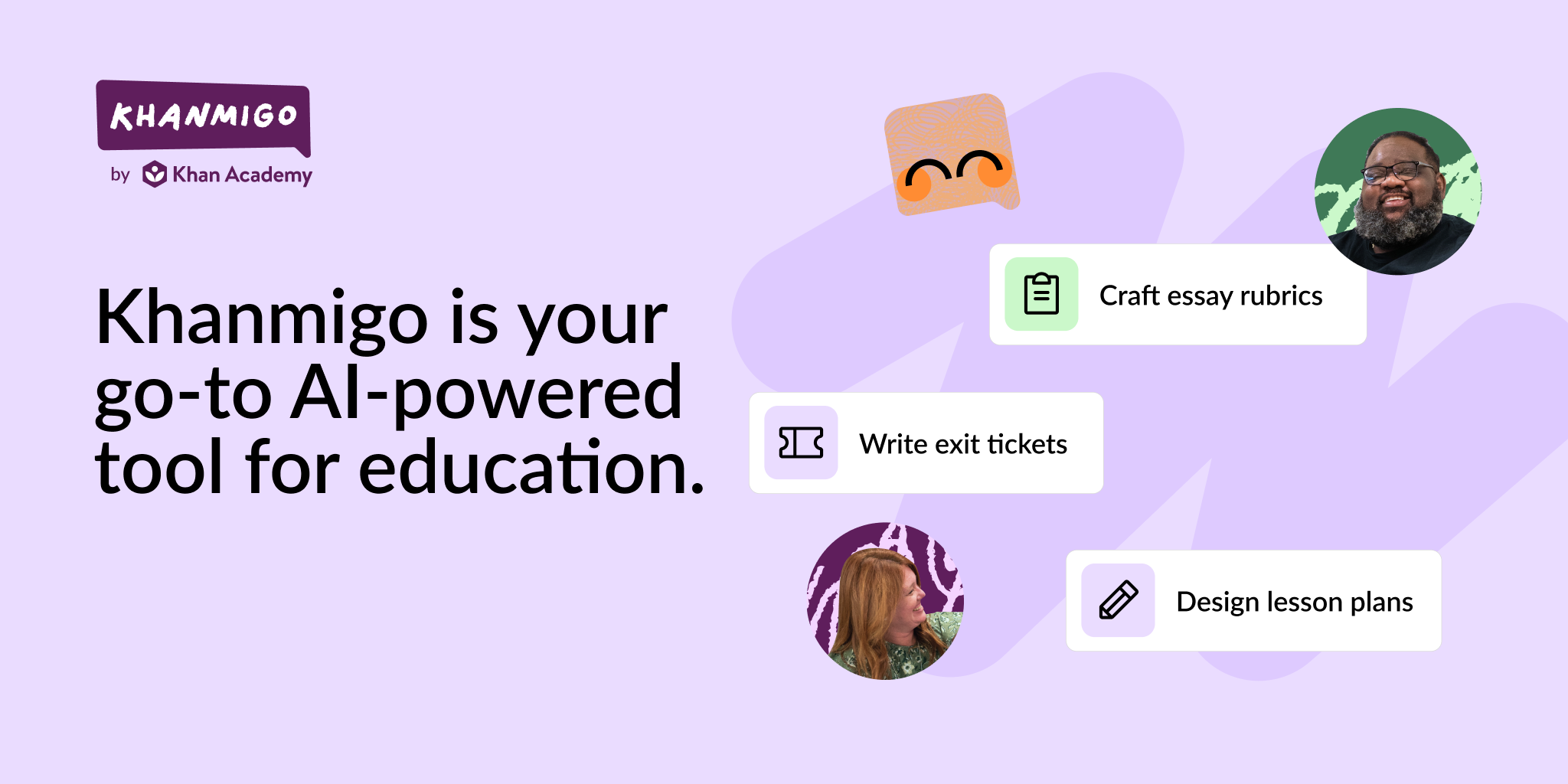 Khanmigo by Khan Academy, billed as your go-to AI-powered tool for education, with examples including crafting essay rubrics and designing lesson plans