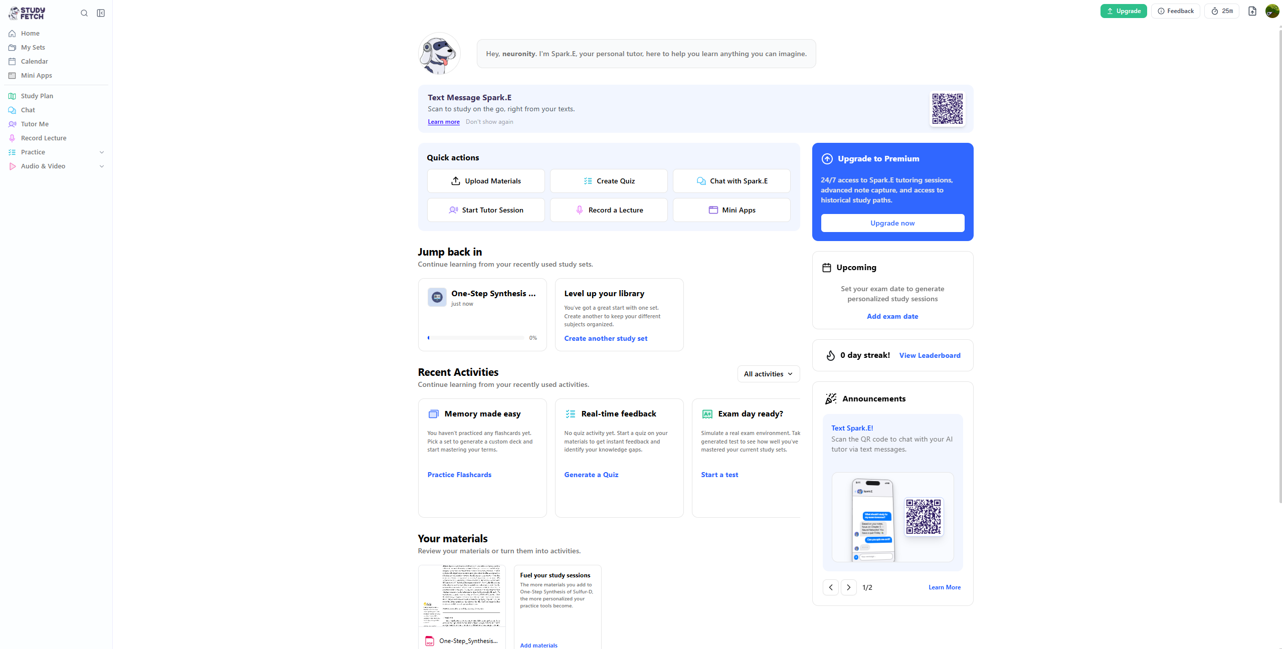 The StudyFetch dashboard showing the Spark.E tutor and quick actions to upload materials, create a quiz, and record a lecture