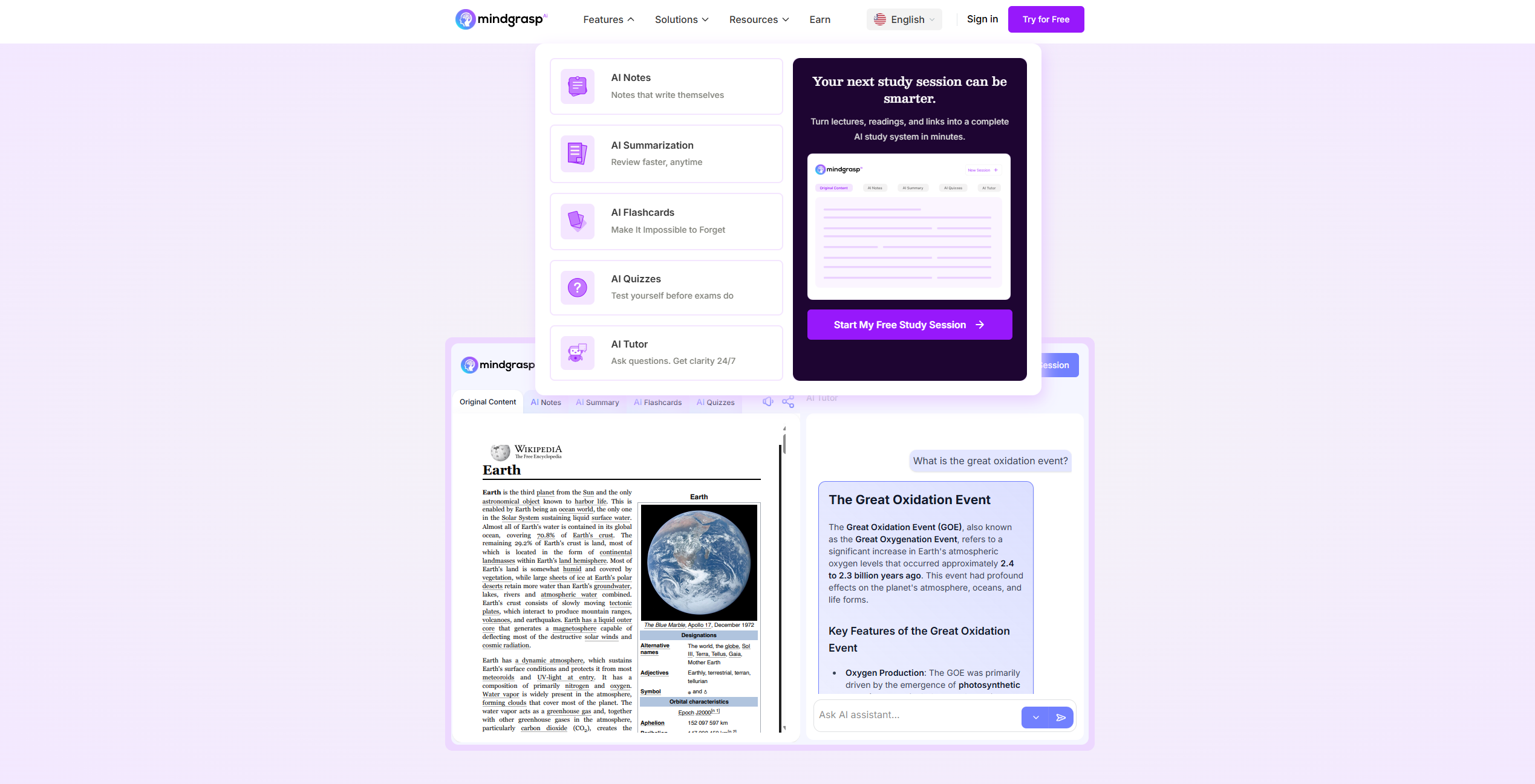 Mindgrasp's feature list — AI Notes, AI Summarization, AI Flashcards, AI Quizzes, and AI Tutor — with a demo answering a question about a reading