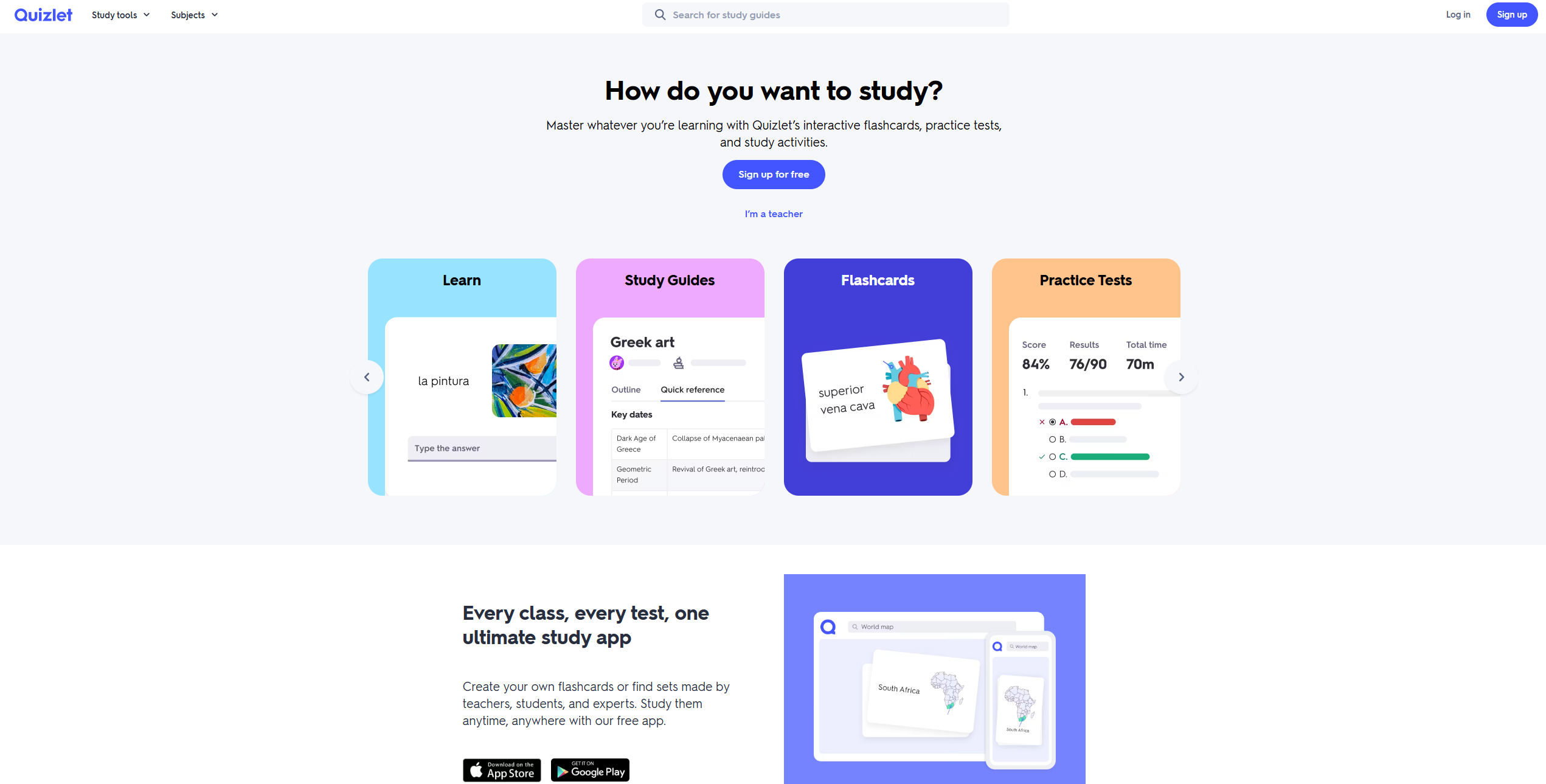 Quizlet's home screen asking How do you want to study, with Learn, Study Guides, Flashcards, and Practice Tests options