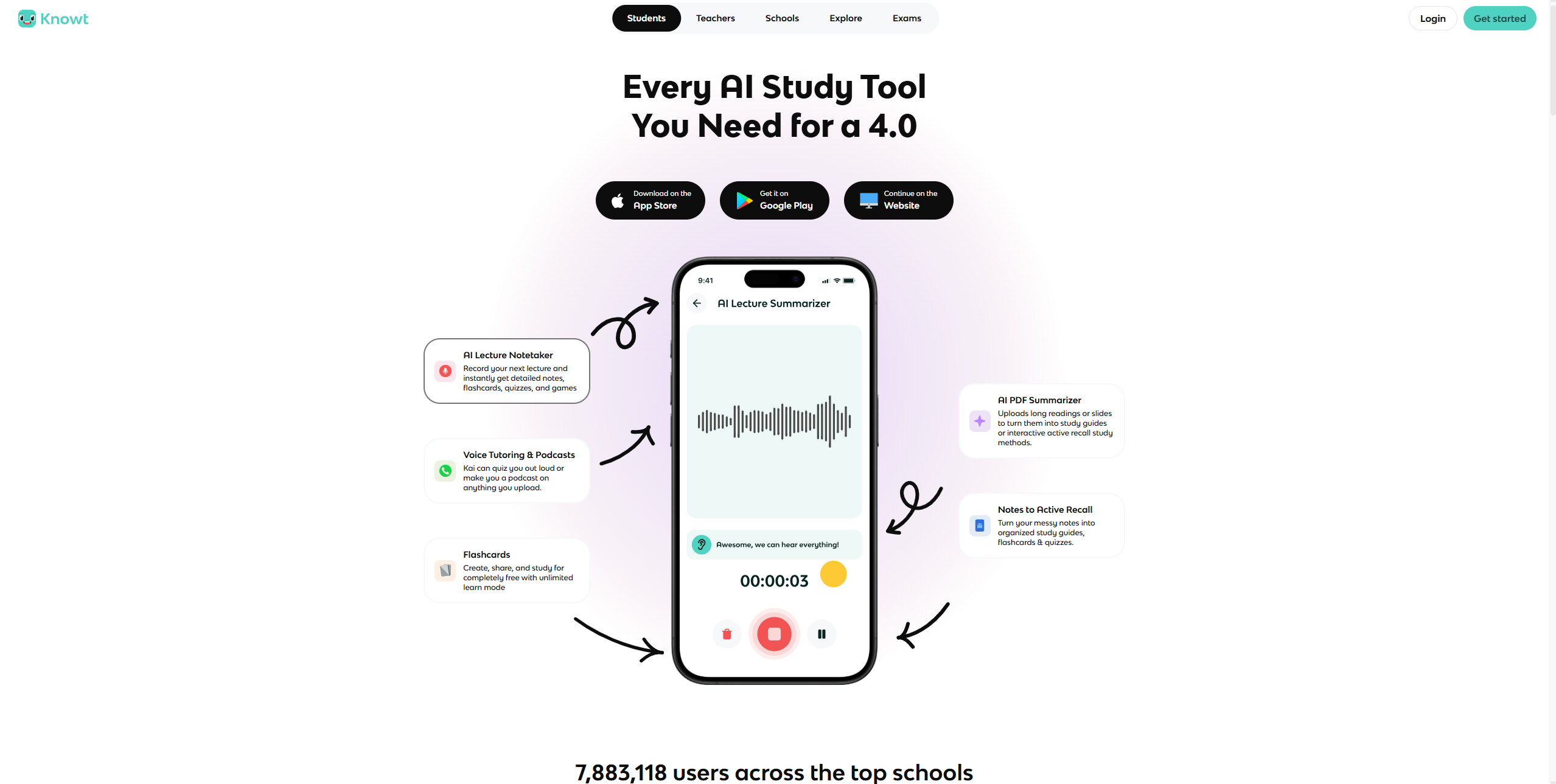 Knowt's landing page, Every AI Study Tool You Need for a 4.0, highlighting its AI lecture notetaker, voice tutoring, and free flashcards