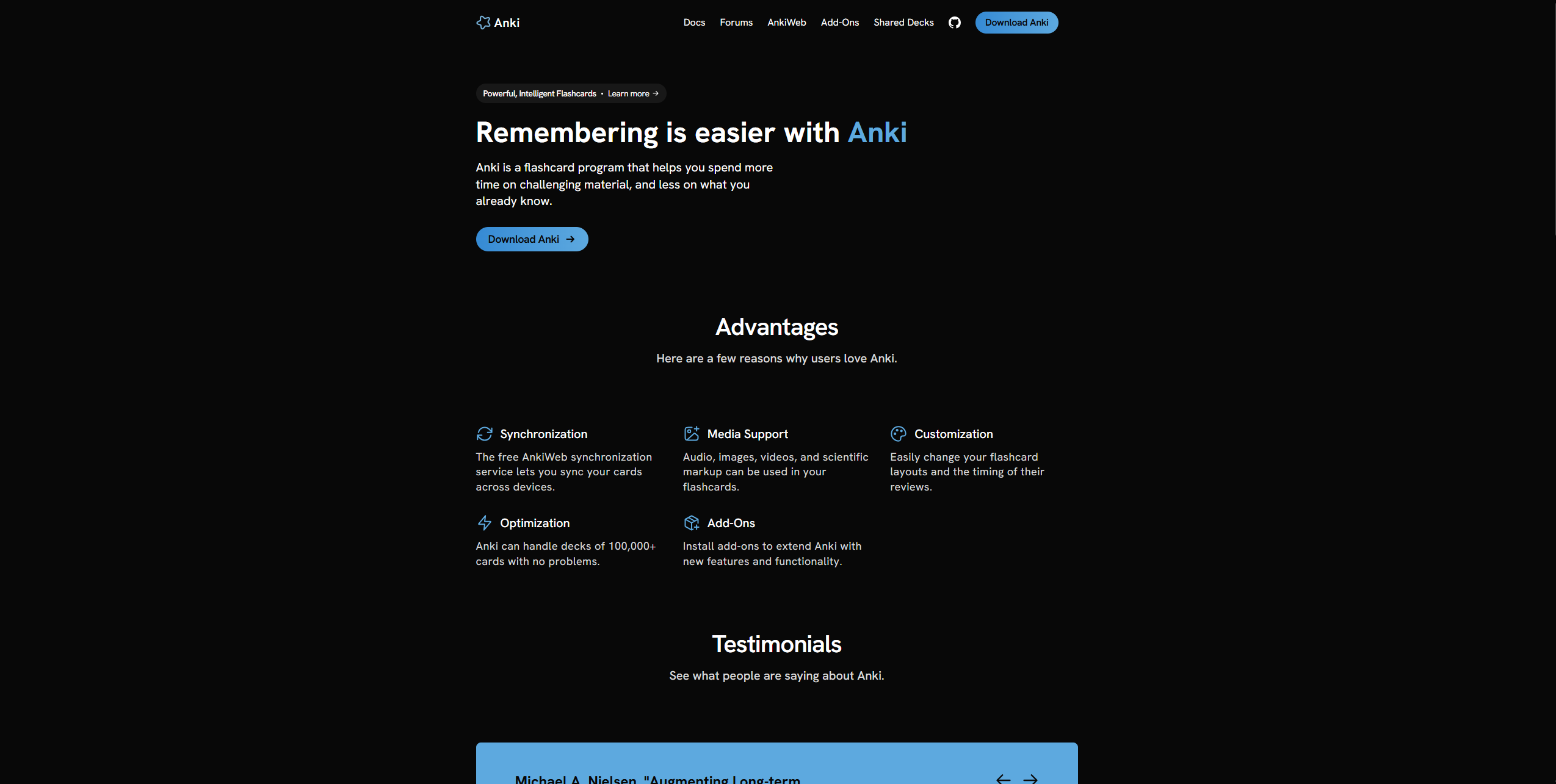 The Anki website, Remembering is easier with Anki, listing advantages like synchronization, media support, and customization