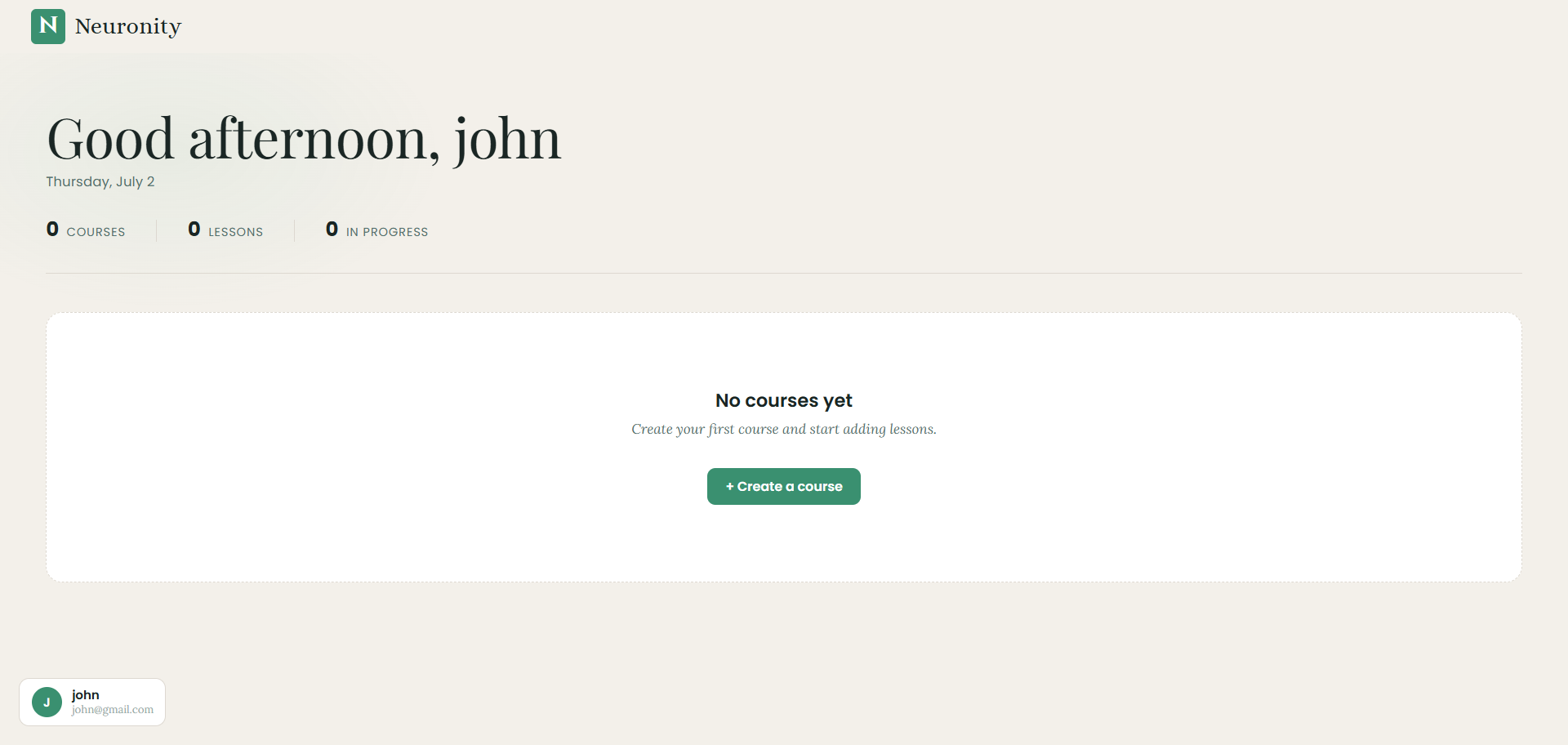 Neuronity dashboard with no courses yet and a Create a course button