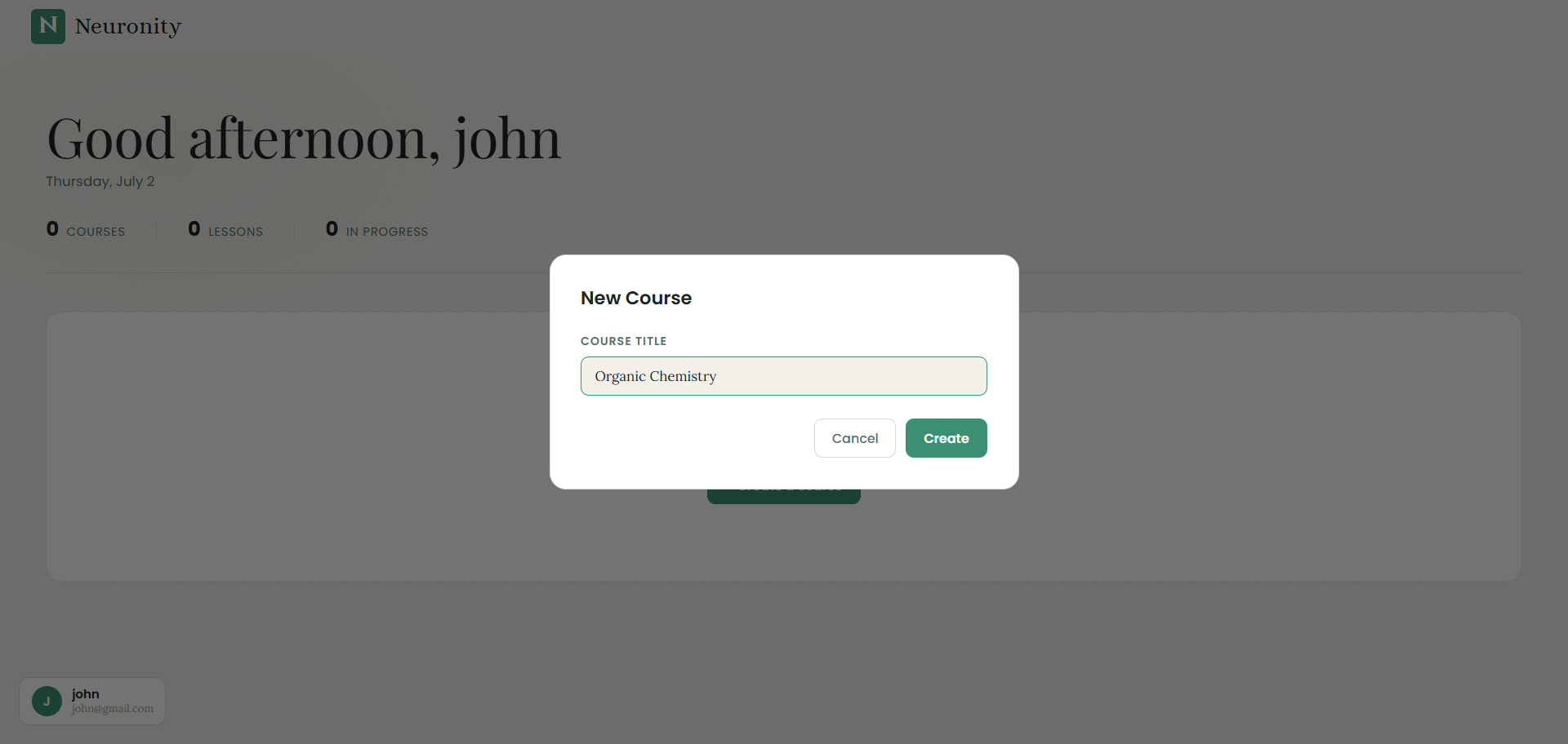 New Course dialog with the title Organic Chemistry entered
