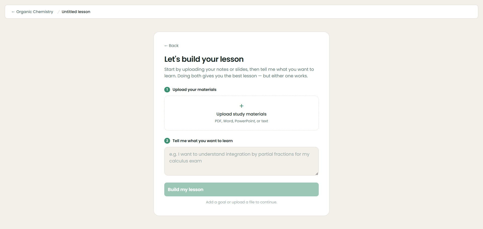 Lesson builder asking you to upload materials and describe what you want to learn