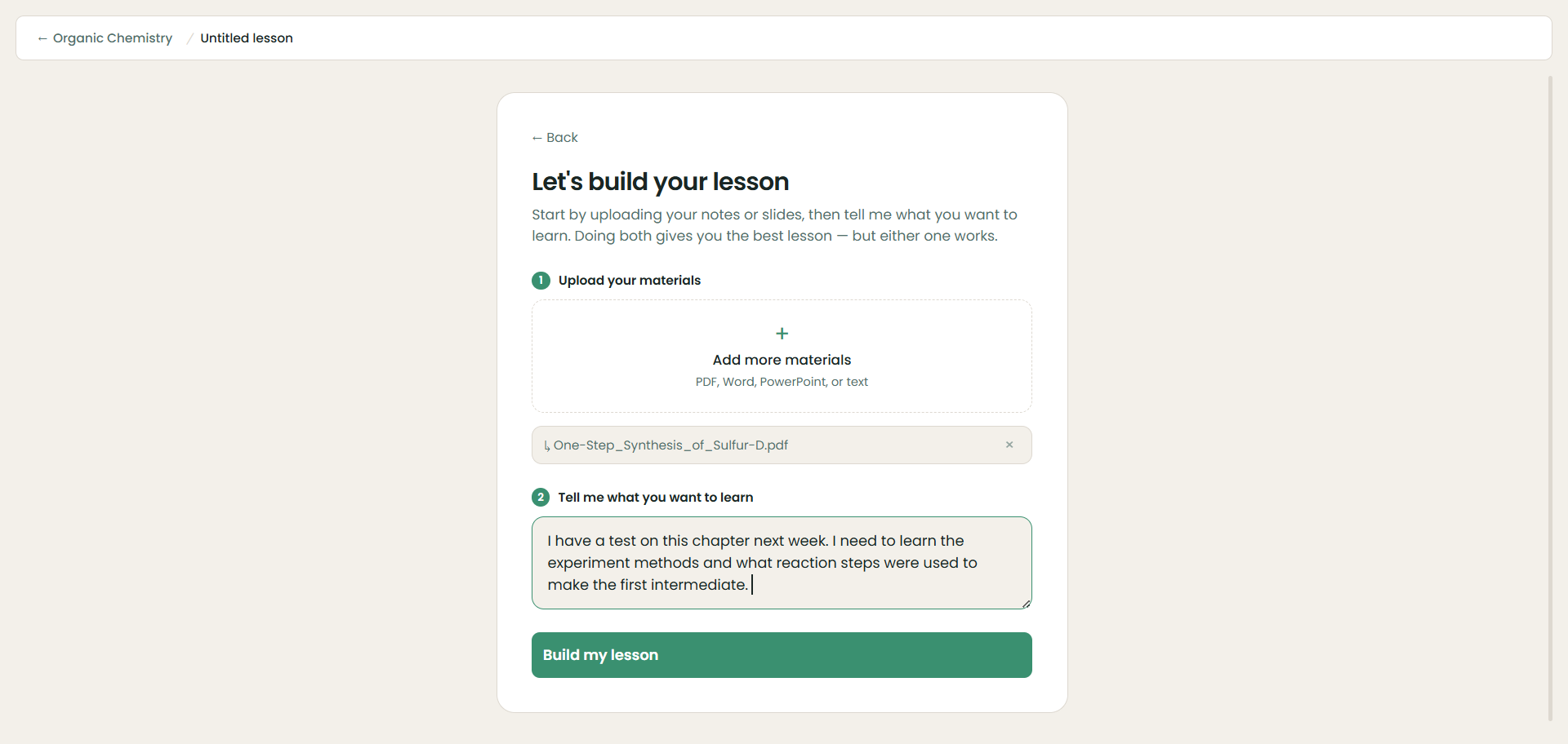 Lesson builder with an uploaded PDF and a learning goal filled in