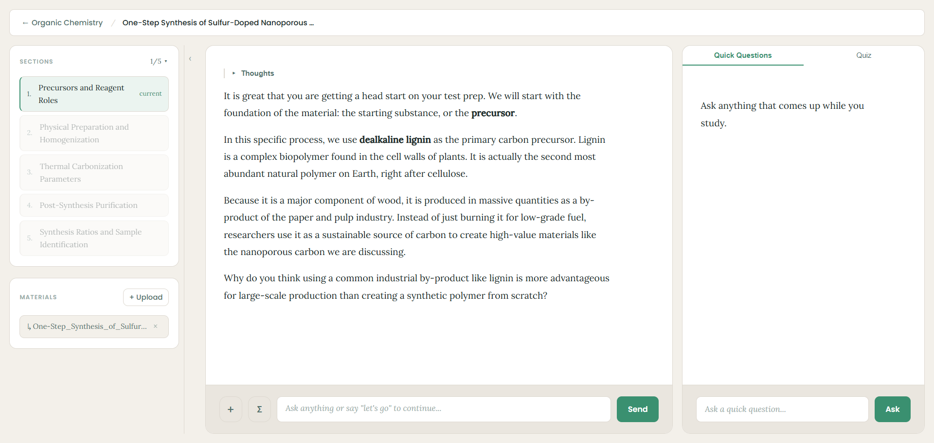 Lesson view with a sections sidebar and the tutor explaining a concept