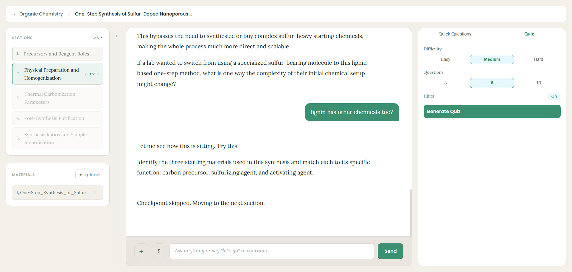 Quiz generator with difficulty, question count, and hints options