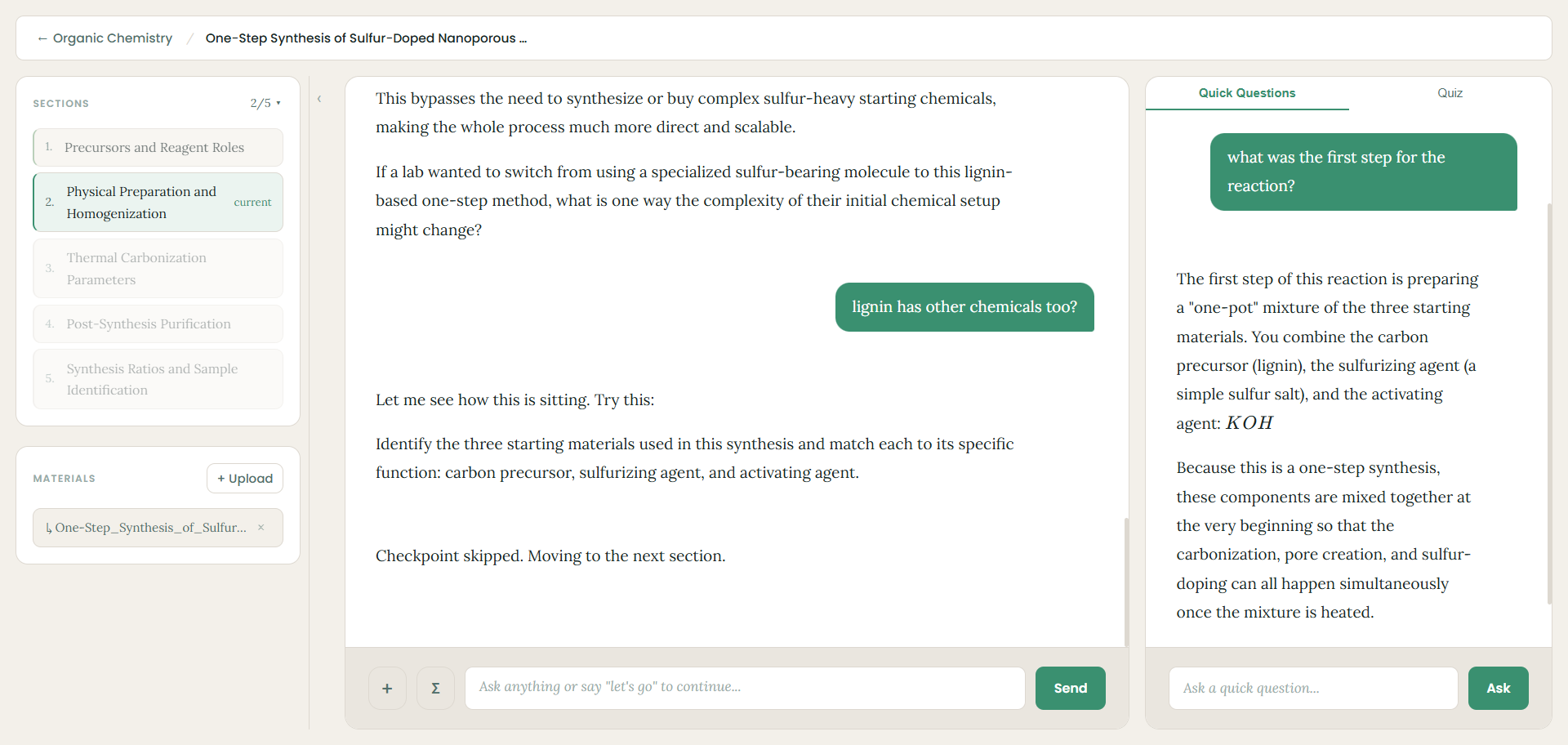Quick Questions side panel answering a question during a lesson