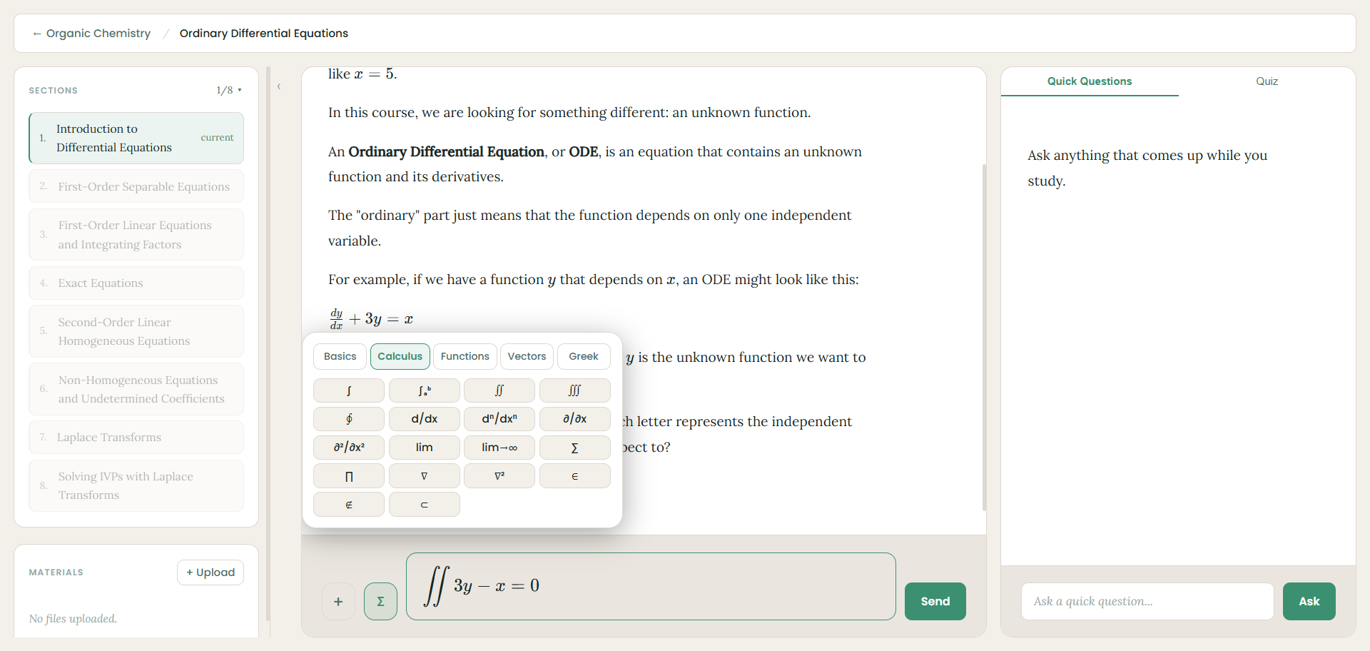 Built-in scientific math keypad with Basics, Calculus, Functions, Vectors, and Greek symbol tabs